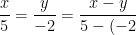 \frac{x}{5}=\frac{y}{-2}=\frac{x-y}{5-(-2)}=\frac{-21}{7}=-3